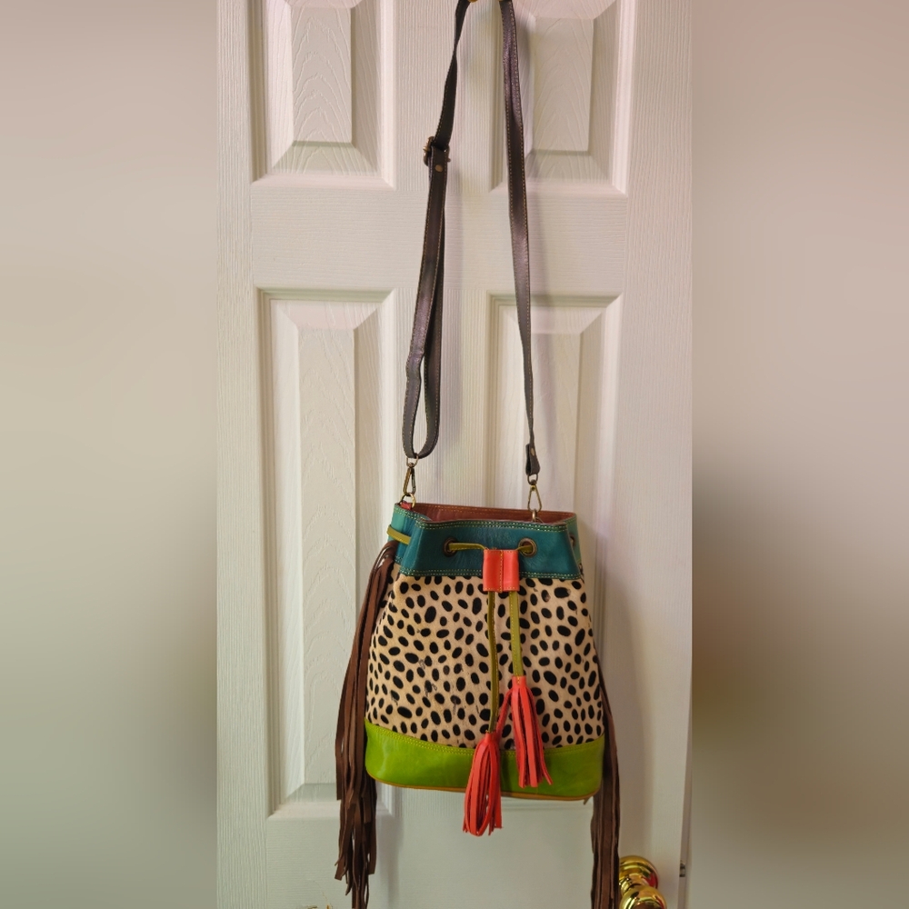 Zelah Leather & Hair on Hide Leopard Print Multicolor Drawstring Bucket Bag - Picture 2 of 12